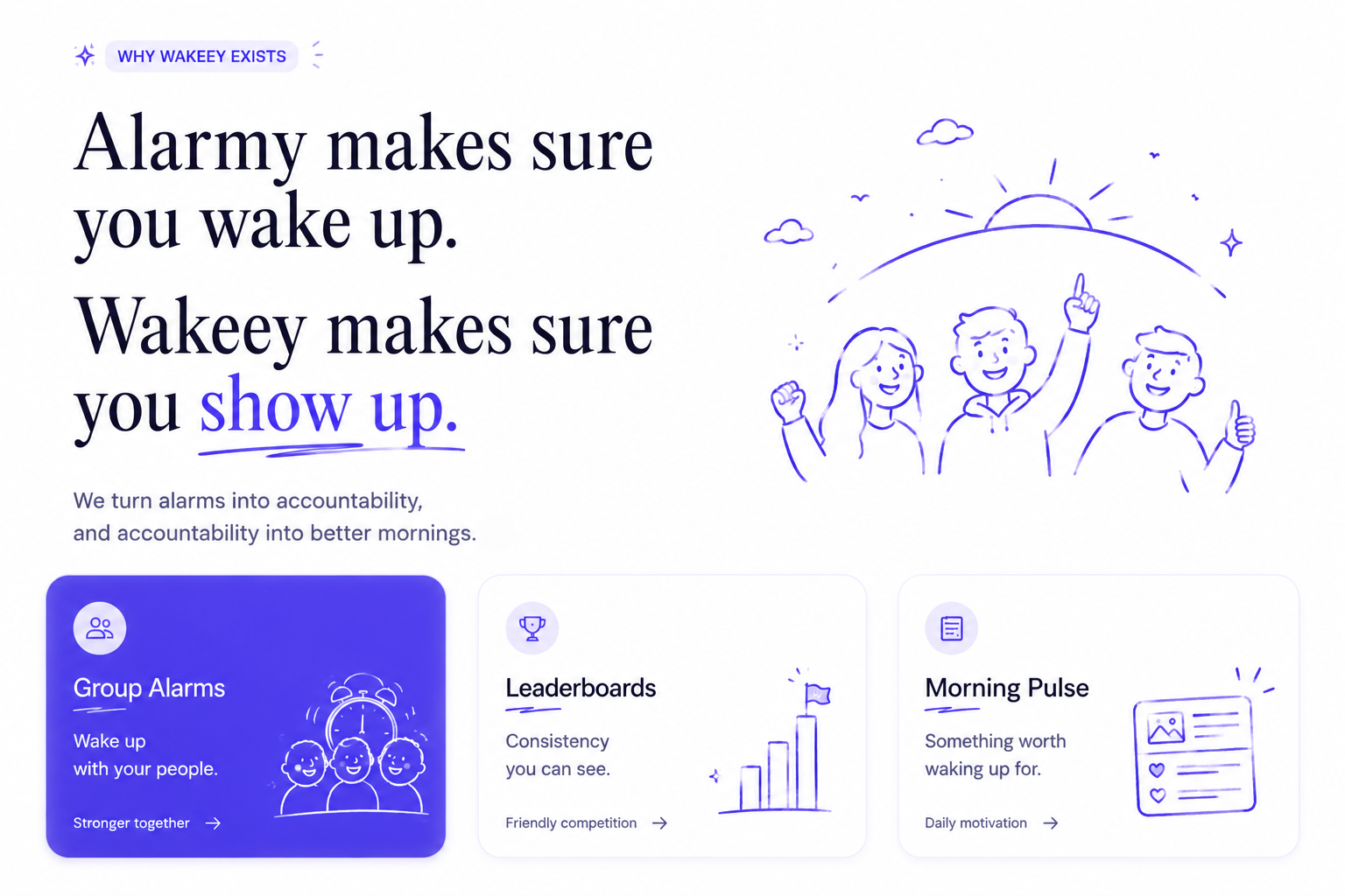 Alarmy makes sure you wake up. Wakeey makes sure you show up. Group Alarms, Leaderboards, Morning Pulse.
